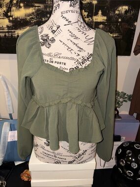 Say anything next medium Olive Green Long-Sleeve Peplum Top smocked at back